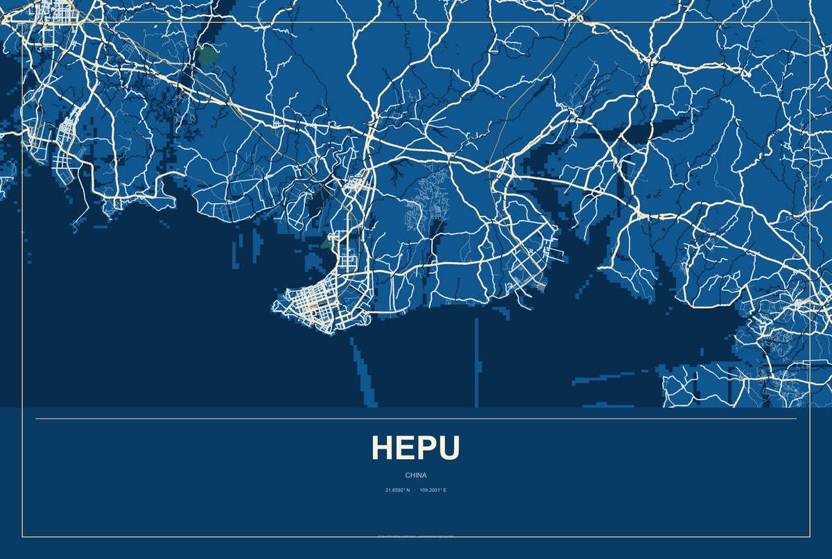 Hepu, China City Map Aluminum Sign in Harbor Cobalt style
