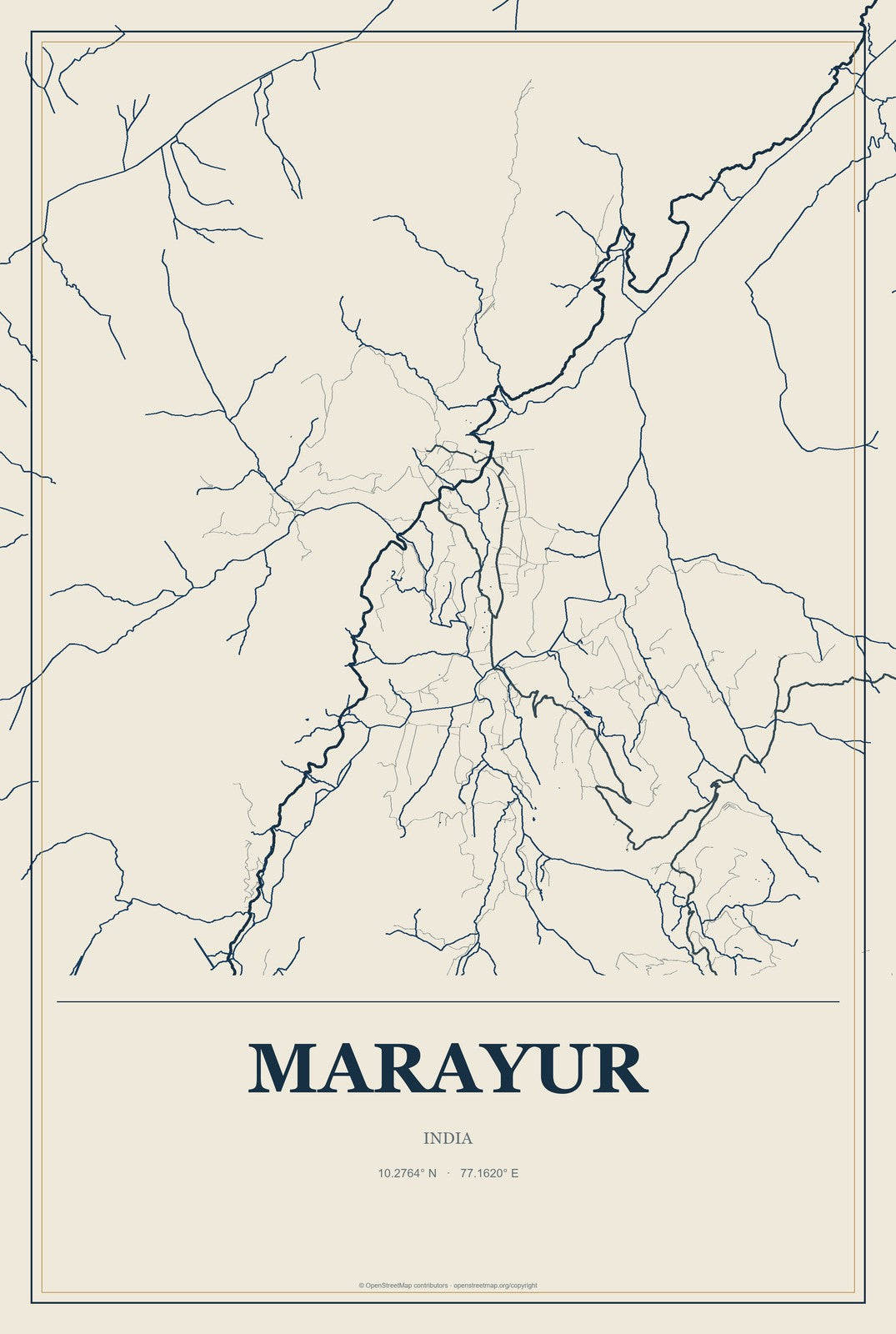 Marayur, India City Map Aluminum Sign in Coastal Cutout style