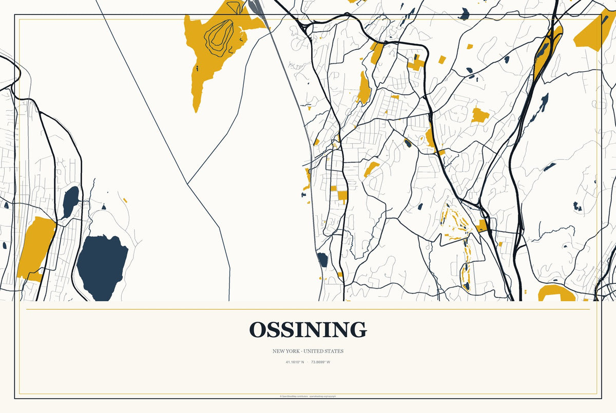 Ossining, New York City Map Aluminum Sign in Citrine Modern style