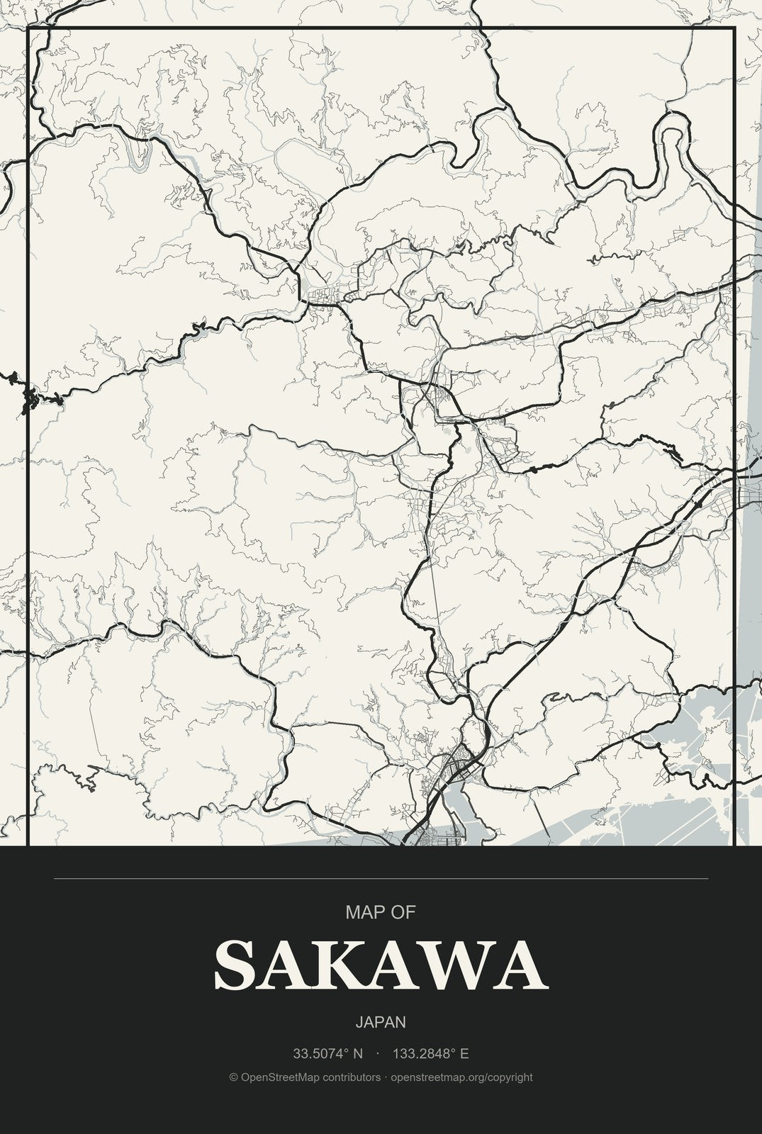 Sakawa, Japan City Map Aluminum Sign in Museum Plaque style