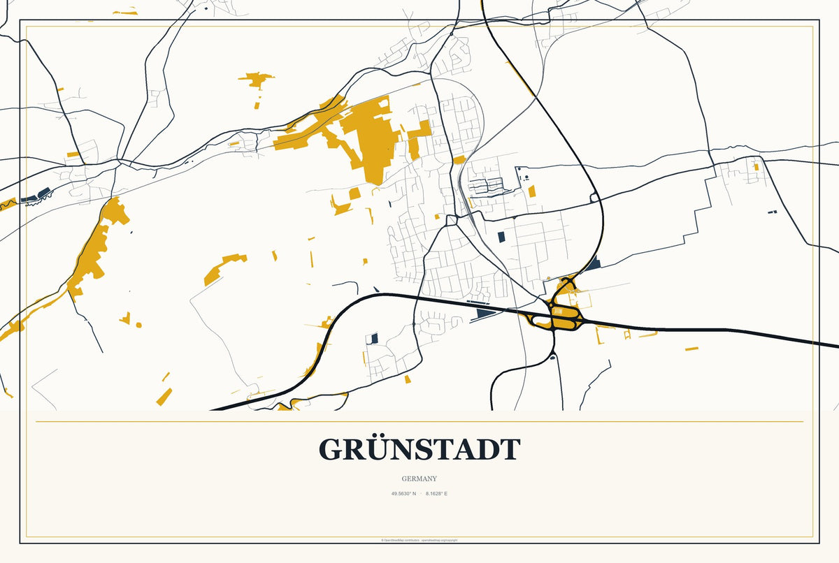 Grünstadt, Germany City Map Aluminum Sign in Citrine Modern style
