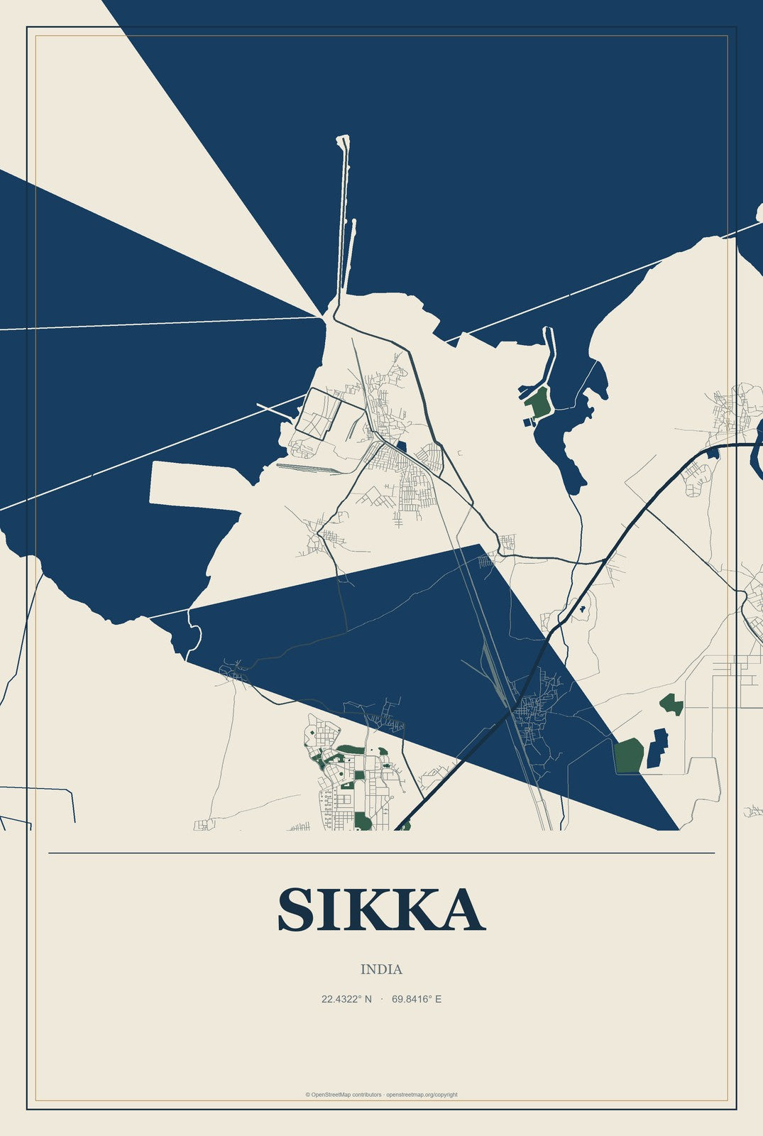 Sikka, India City Map Aluminum Sign in Coastal Cutout style