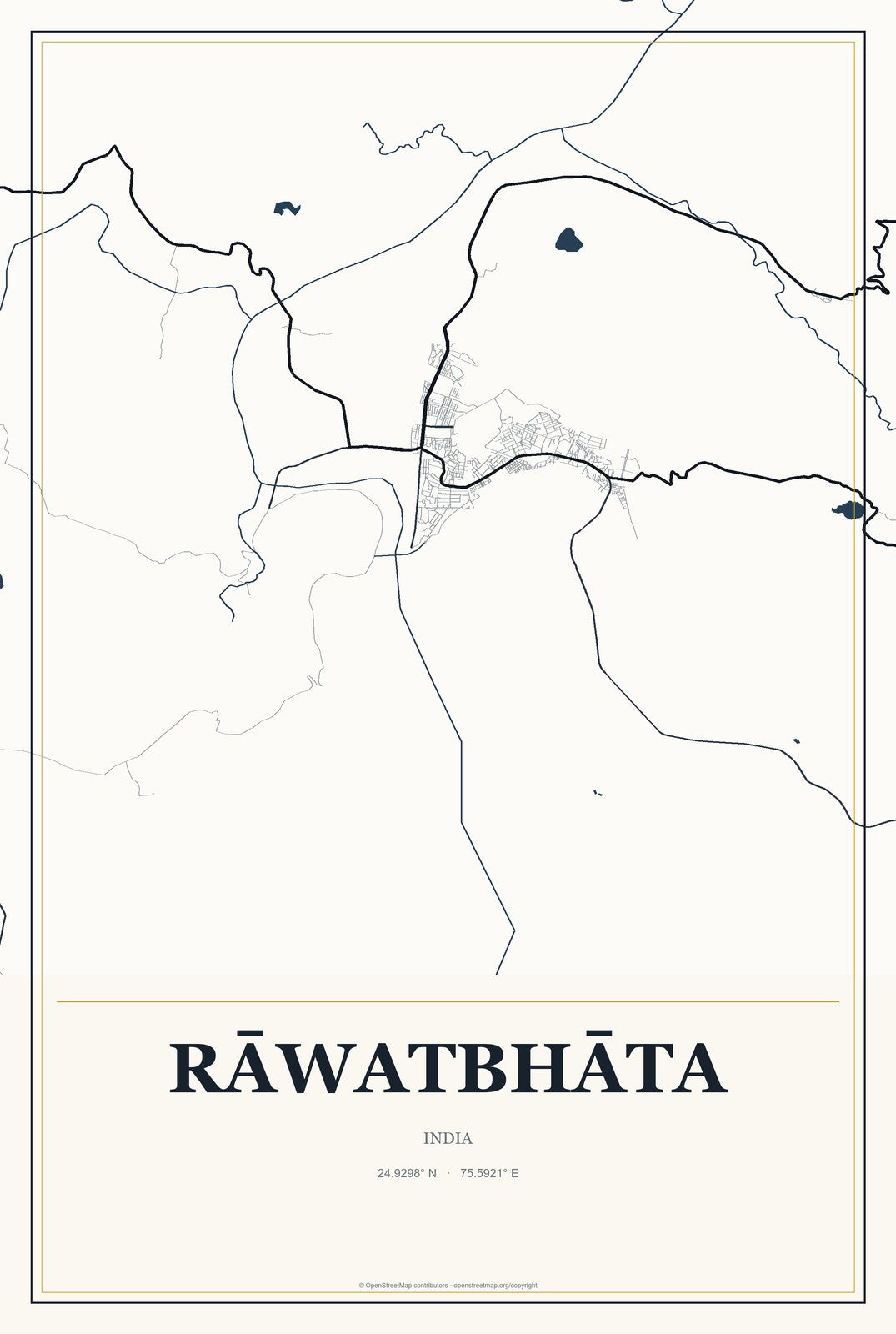 Rāwatbhāta, India City Map Aluminum Sign in Citrine Modern style