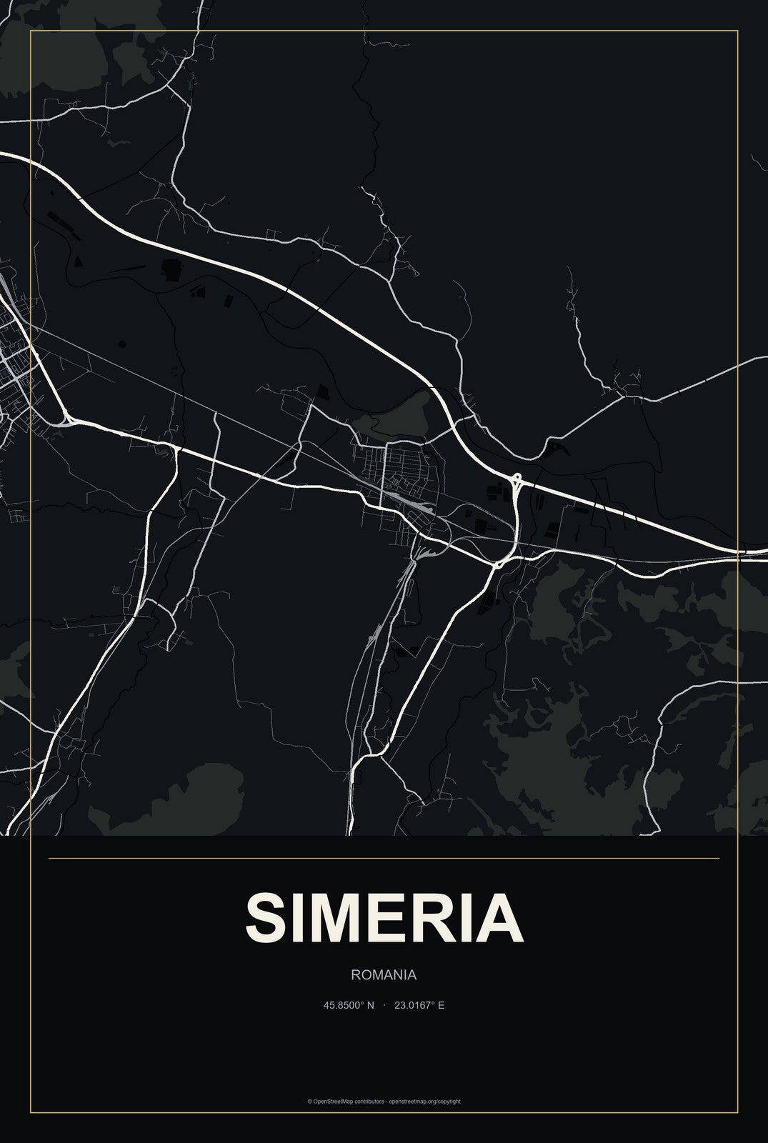 Simeria, Romania City Map Aluminum Sign in Metropolitan Noir style