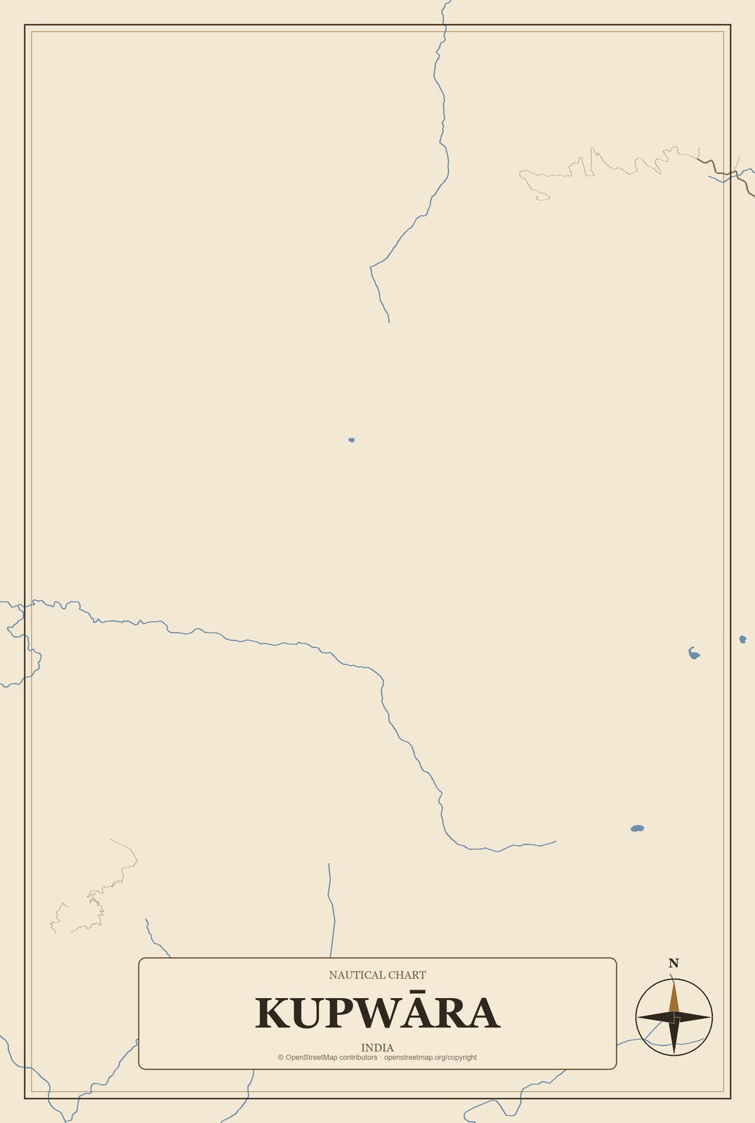 Kupwāra, India City Map Aluminum Sign in Heritage Nautical style