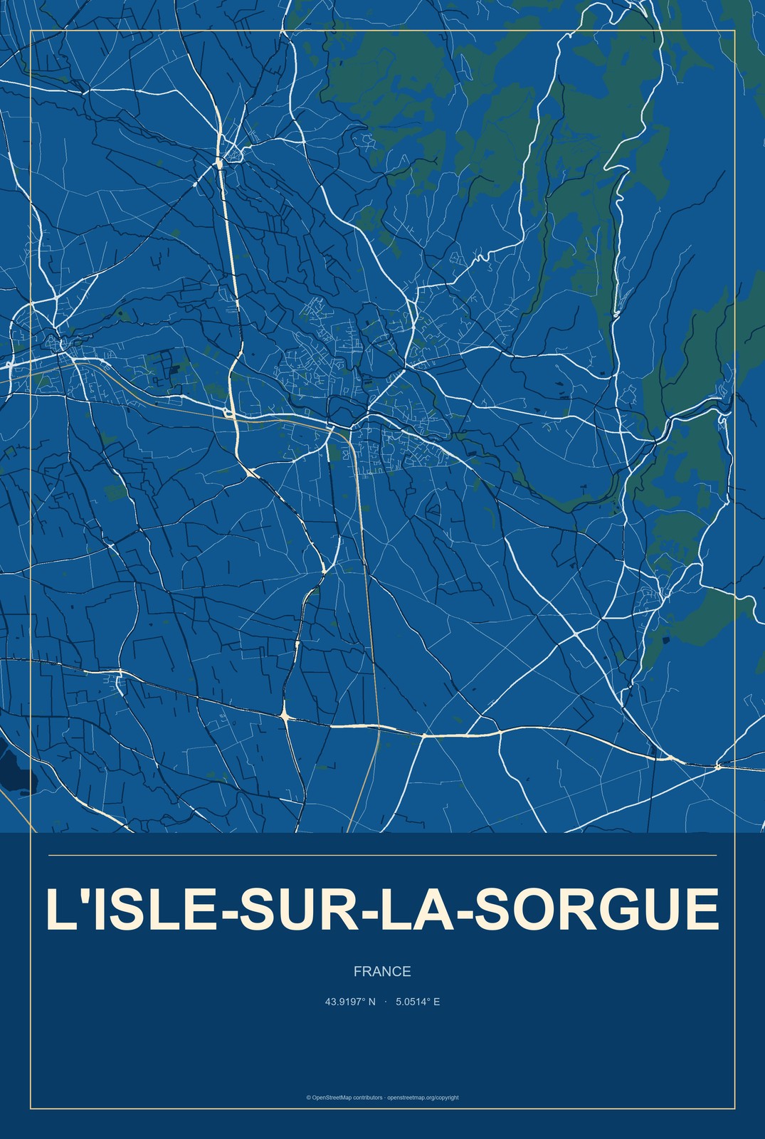 L'Isle-sur-la-Sorgue, France City Map Aluminum Sign in Harbor Cobalt style