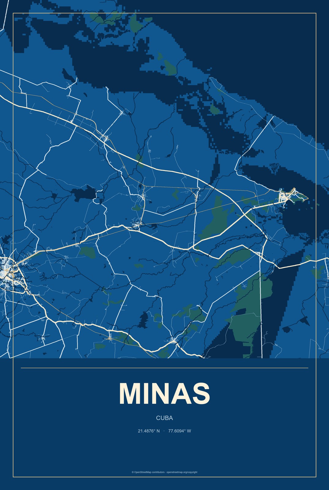Minas, Cuba City Map Aluminum Sign in Harbor Cobalt style