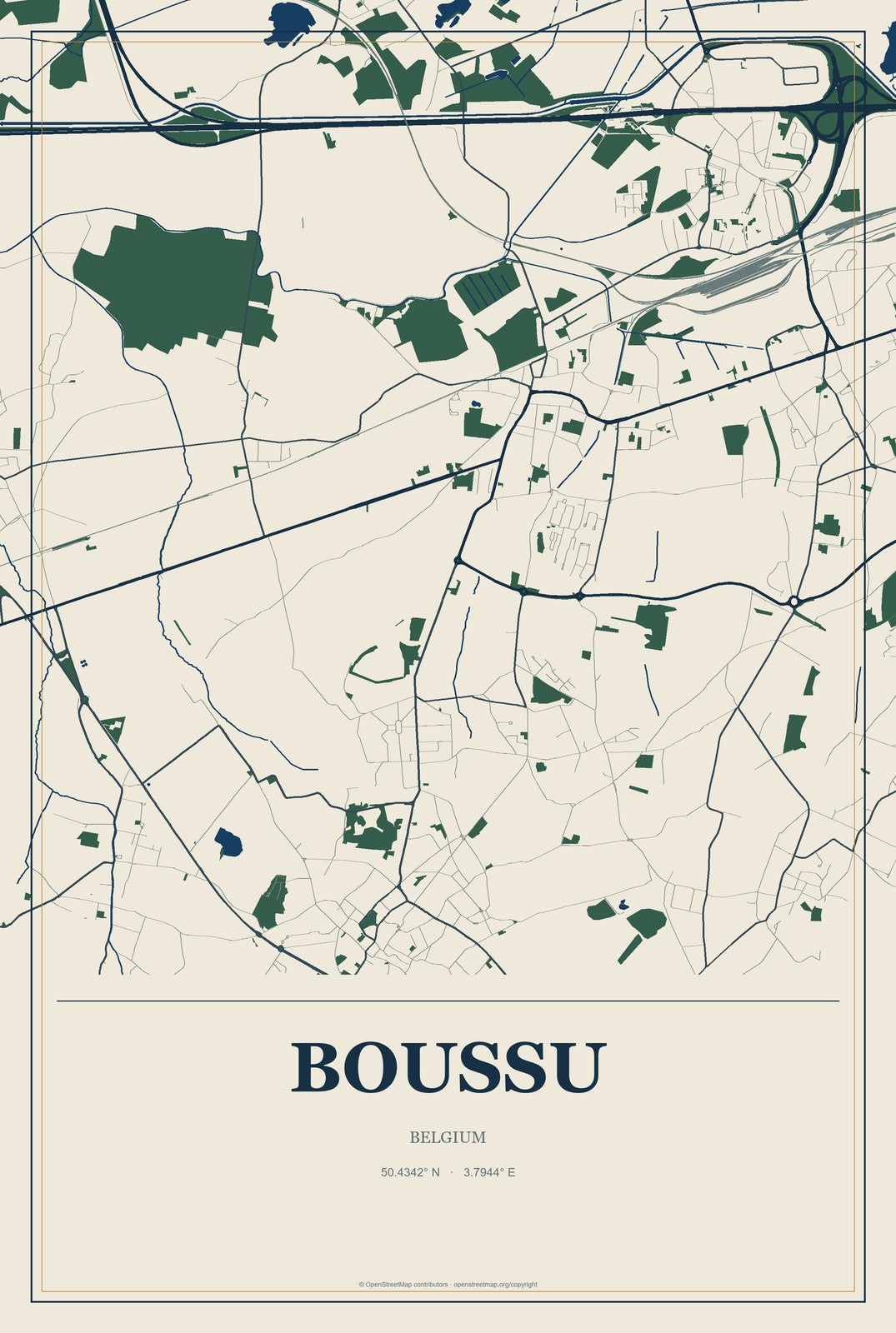 Boussu, Belgium City Map Aluminum Sign in Coastal Cutout style