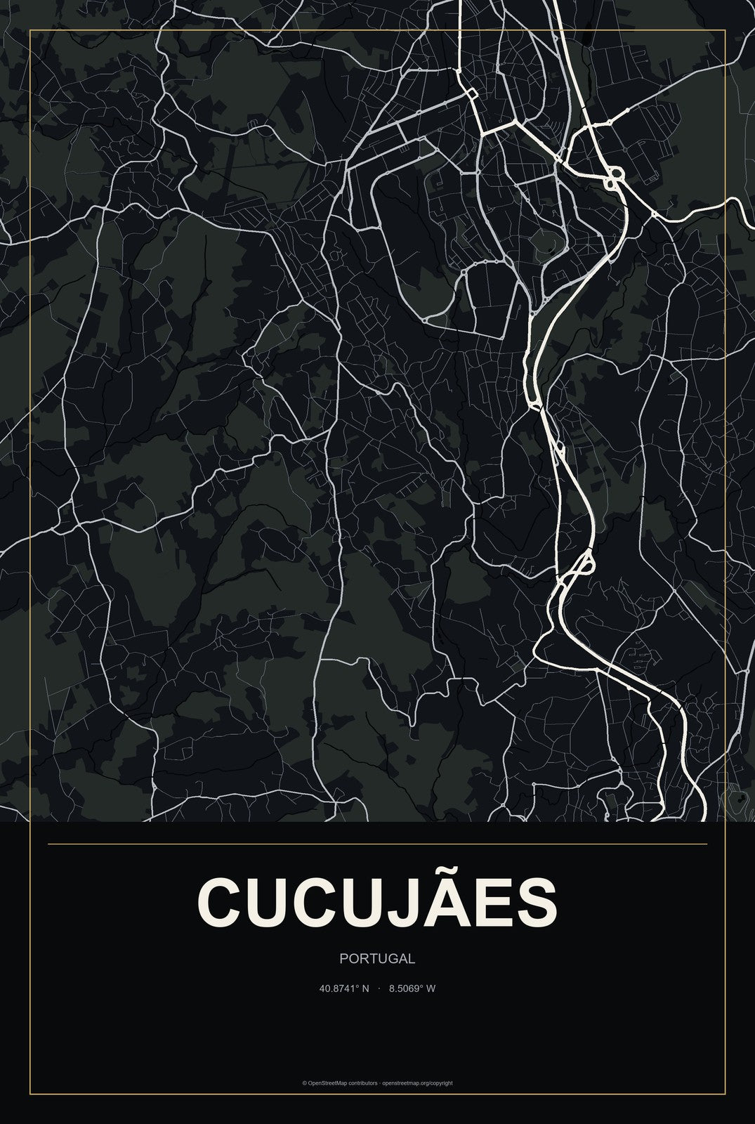 Cucujães, Portugal City Map Aluminum Sign in Metropolitan Noir style
