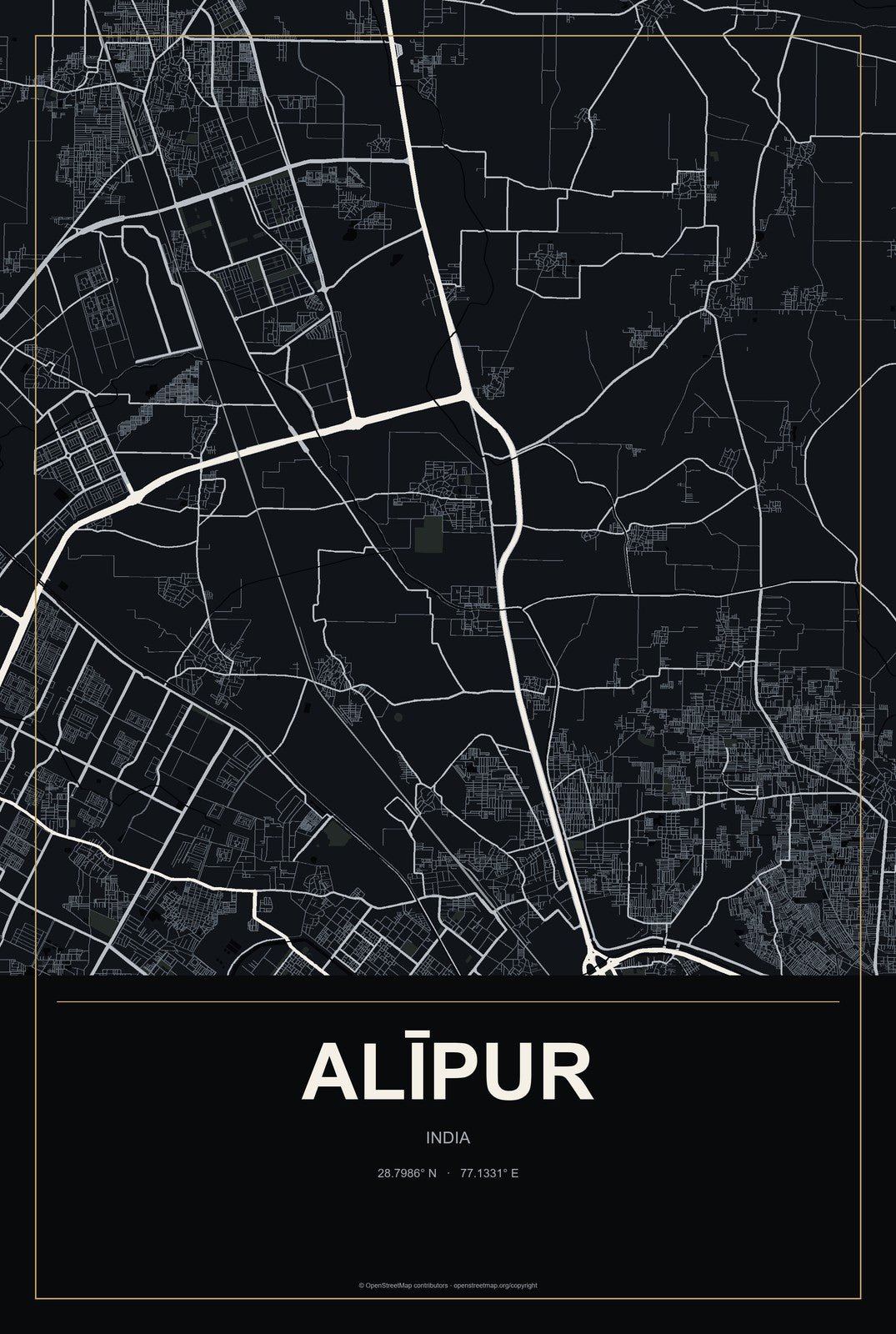 Alīpur, India City Map Aluminum Sign in Metropolitan Noir style