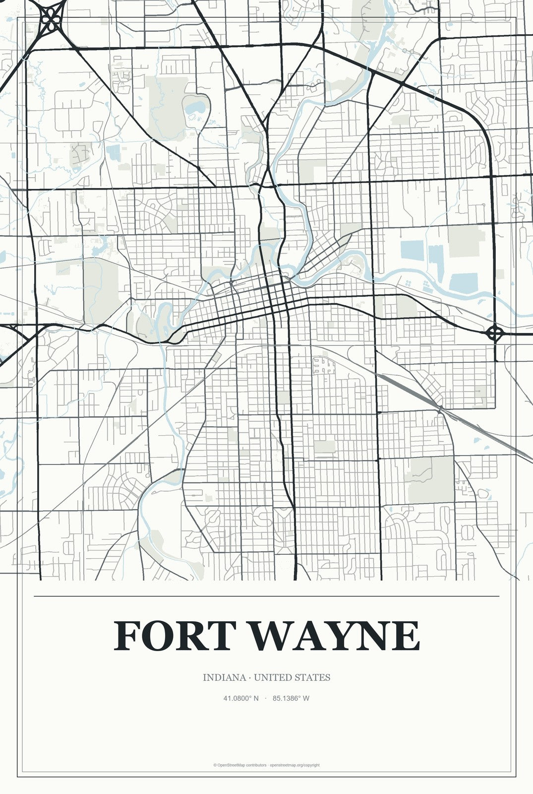 Fort Wayne, Indiana City Map Aluminum Sign in Gallery Air style