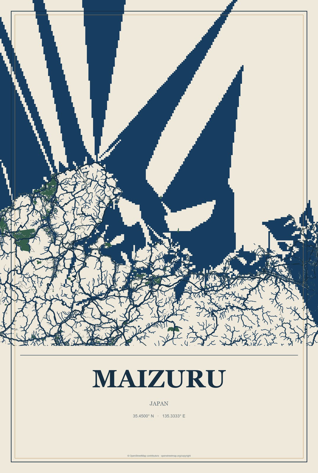 Maizuru, Japan City Map Aluminum Sign in Coastal Cutout style