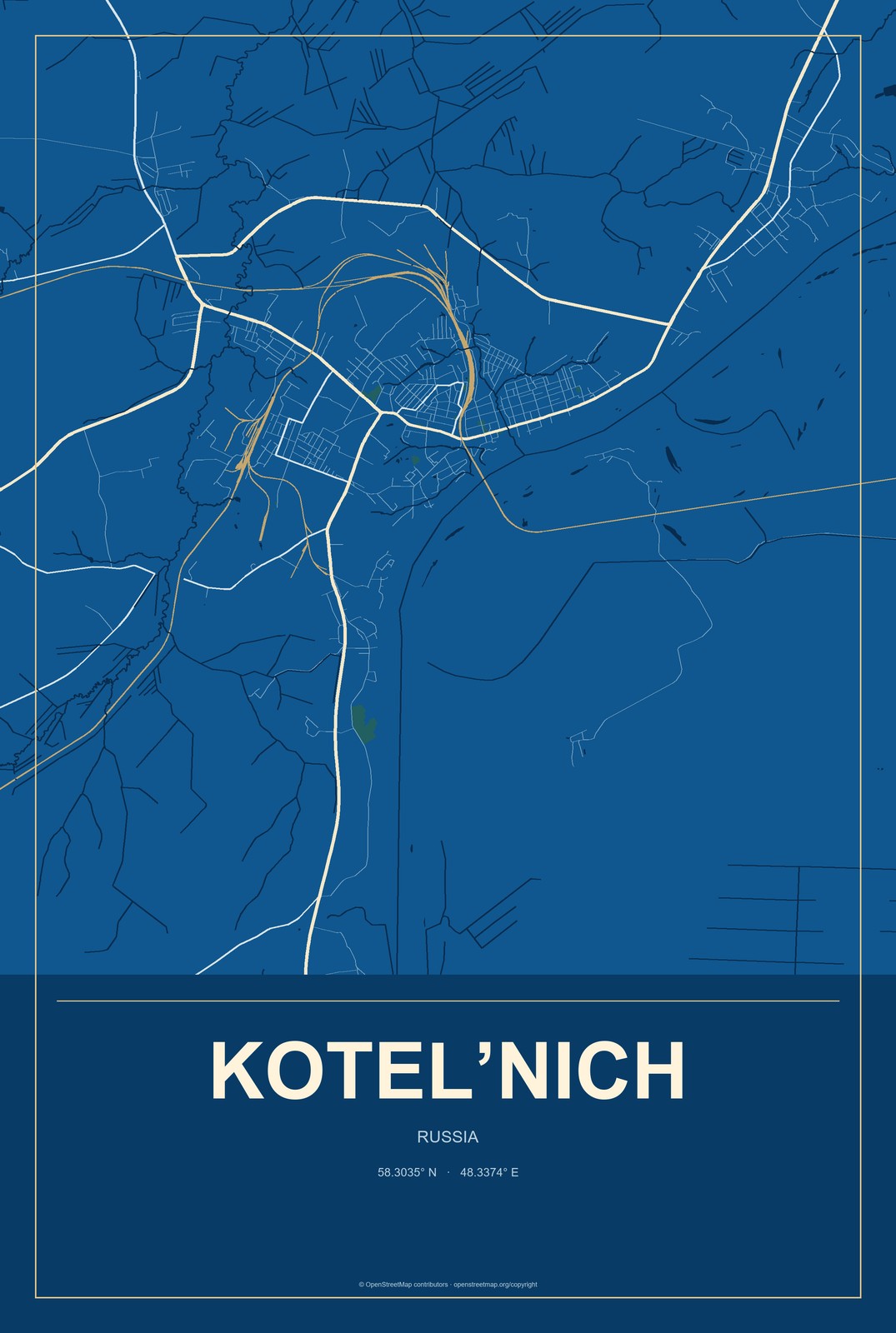 Kotel’nich, Russia City Map Aluminum Sign in Harbor Cobalt style
