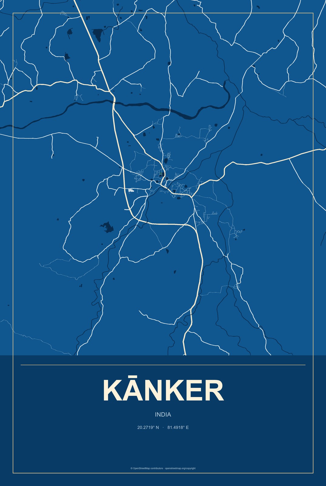 Kānker, India City Map Aluminum Sign in Harbor Cobalt style