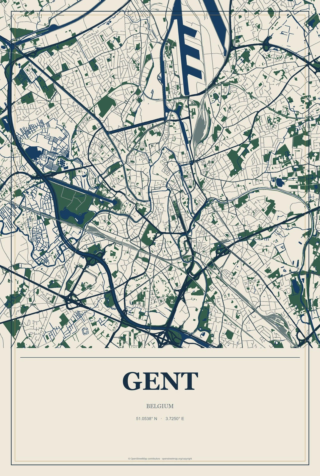 Gent, Belgium City Map Aluminum Sign in Coastal Cutout style