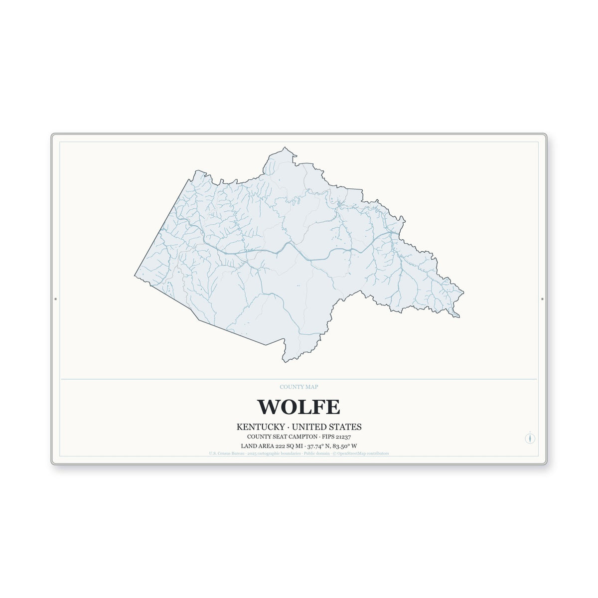 Wolfe County, Kentucky Map Aluminum Sign in Gallery Air style