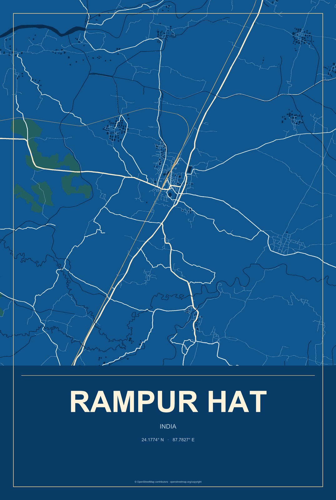 Rampur Hat, India City Map Aluminum Sign in Harbor Cobalt style