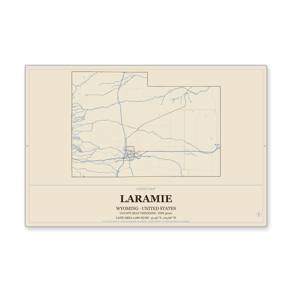 Laramie County, Wyoming Map Aluminum Sign in Heritage Nautical style