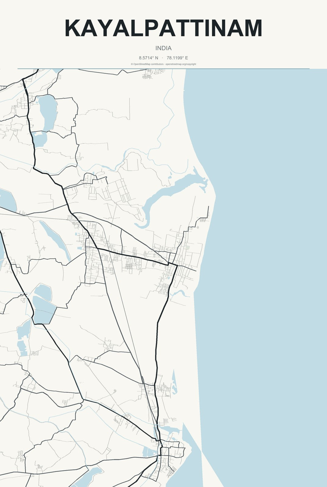 Kayalpattinam, India City Map Aluminum Sign in Headline Atlas style