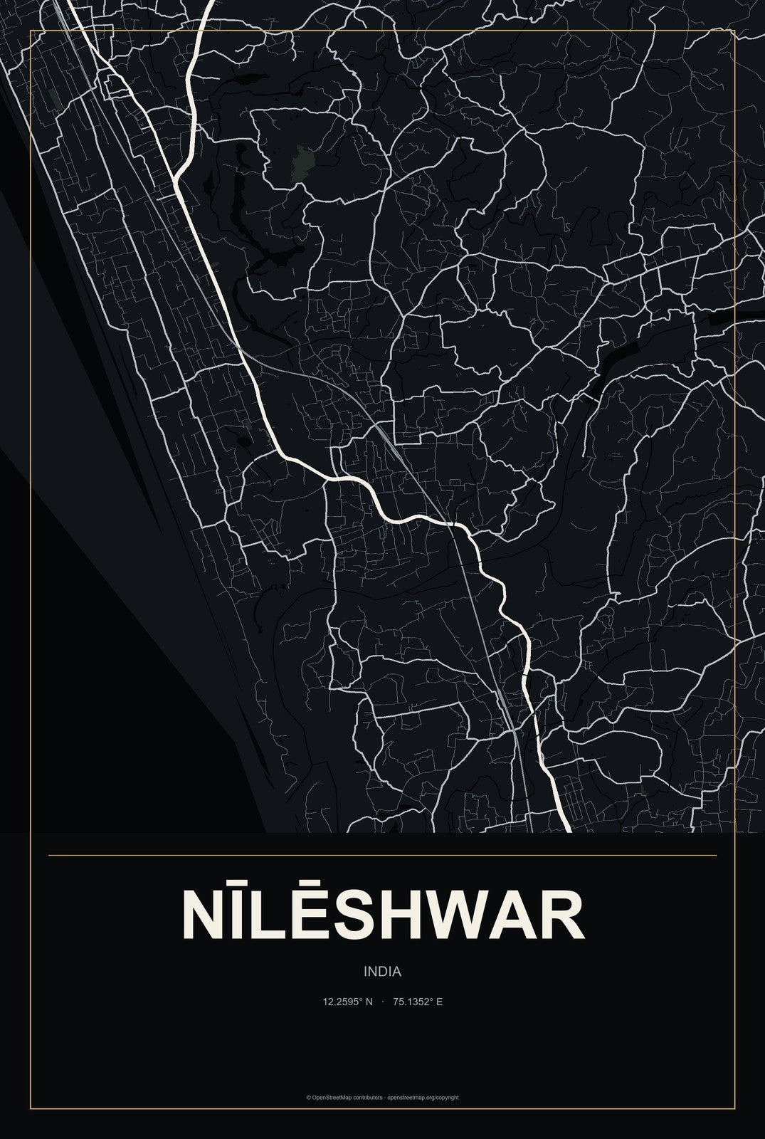 Nīlēshwar, India City Map Aluminum Sign in Metropolitan Noir style