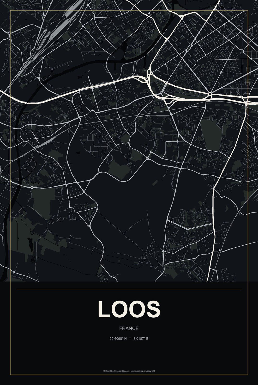 Loos, France City Map Aluminum Sign in Metropolitan Noir style