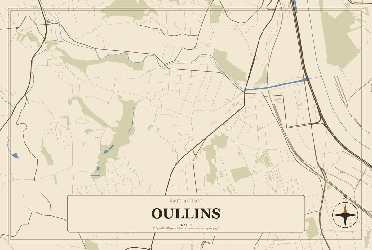 Oullins, France City Map Aluminum Sign in Heritage Nautical style