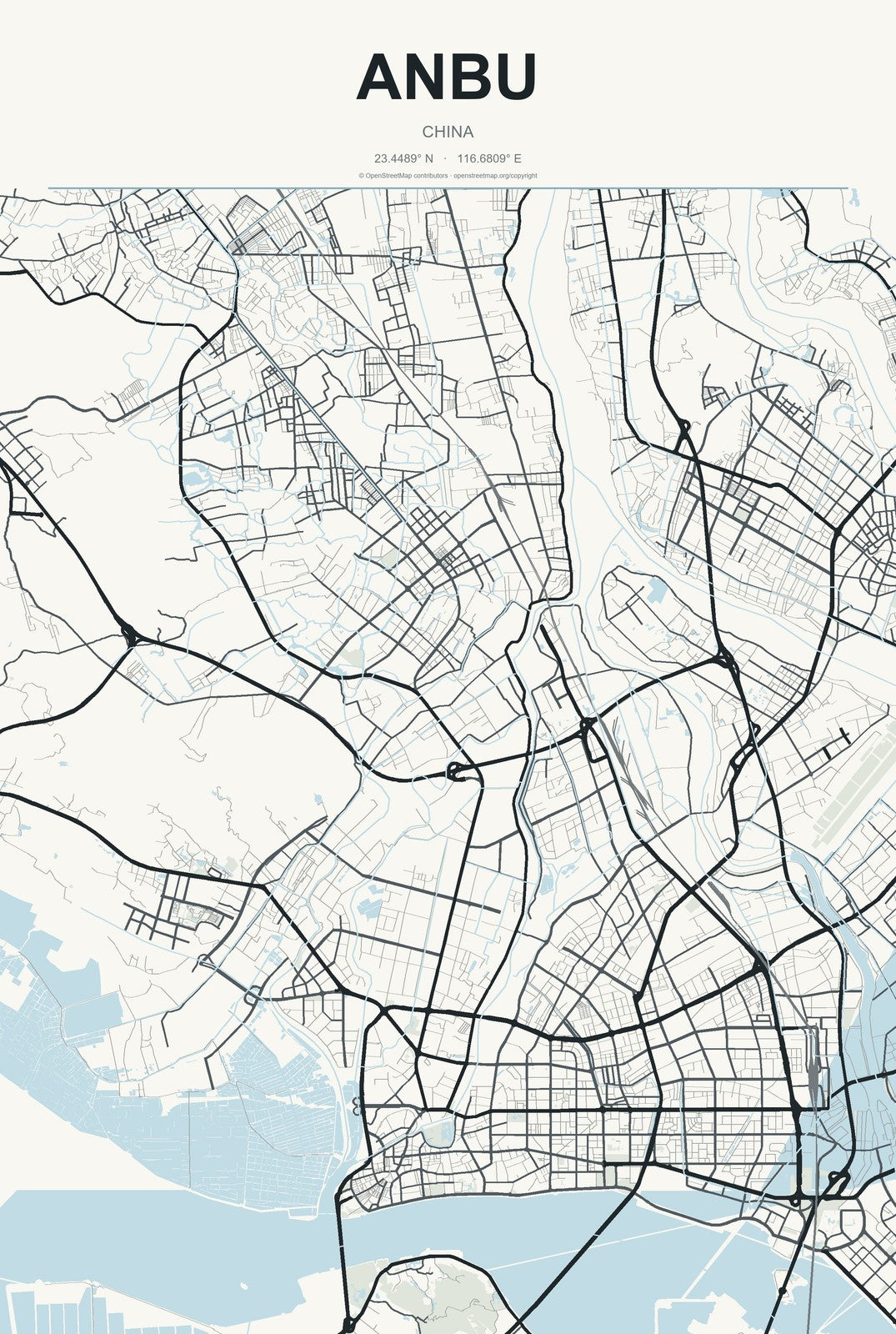 Anbu, China City Map Aluminum Sign in Headline Atlas style