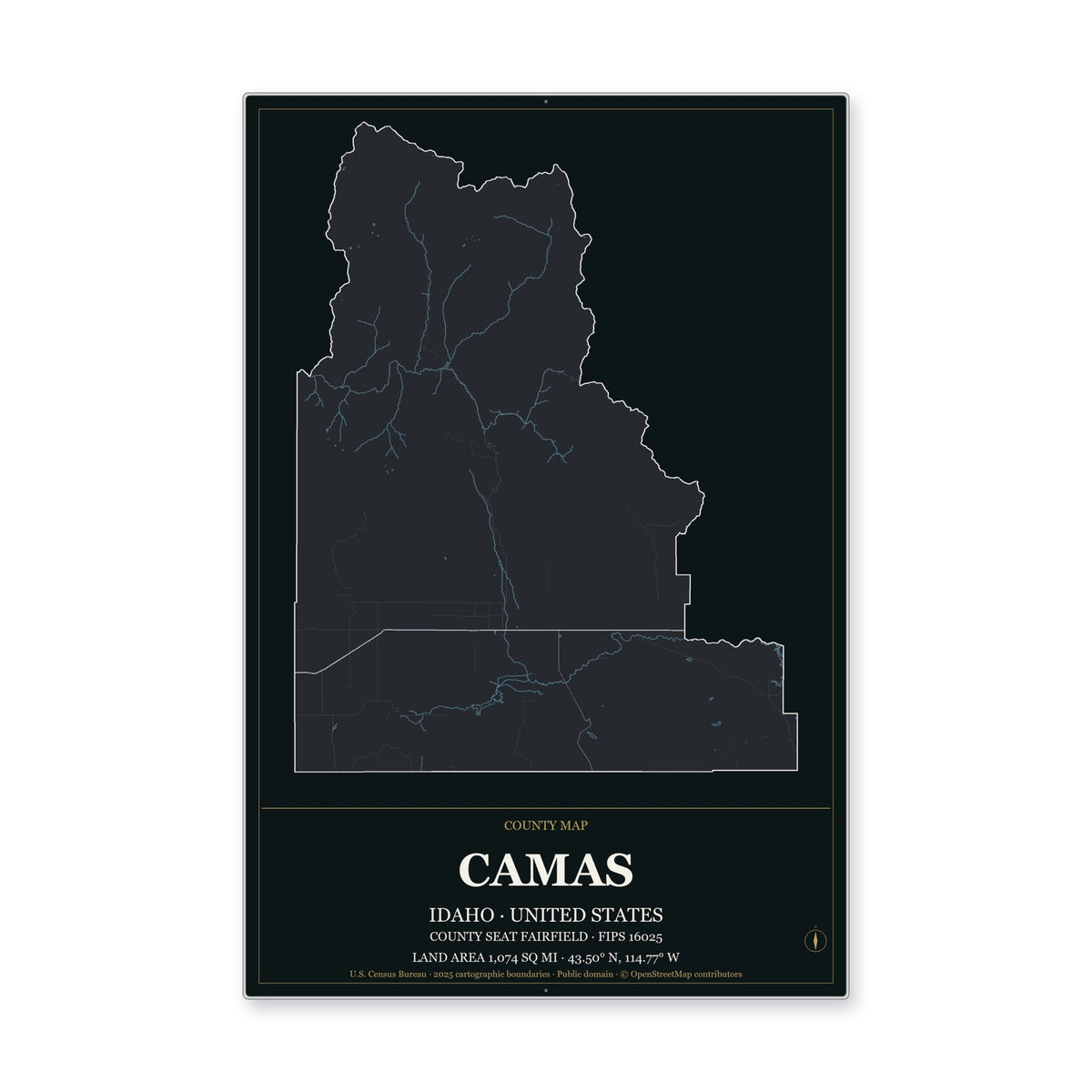 Camas County, Idaho Map Aluminum Sign in Metropolitan Noir style