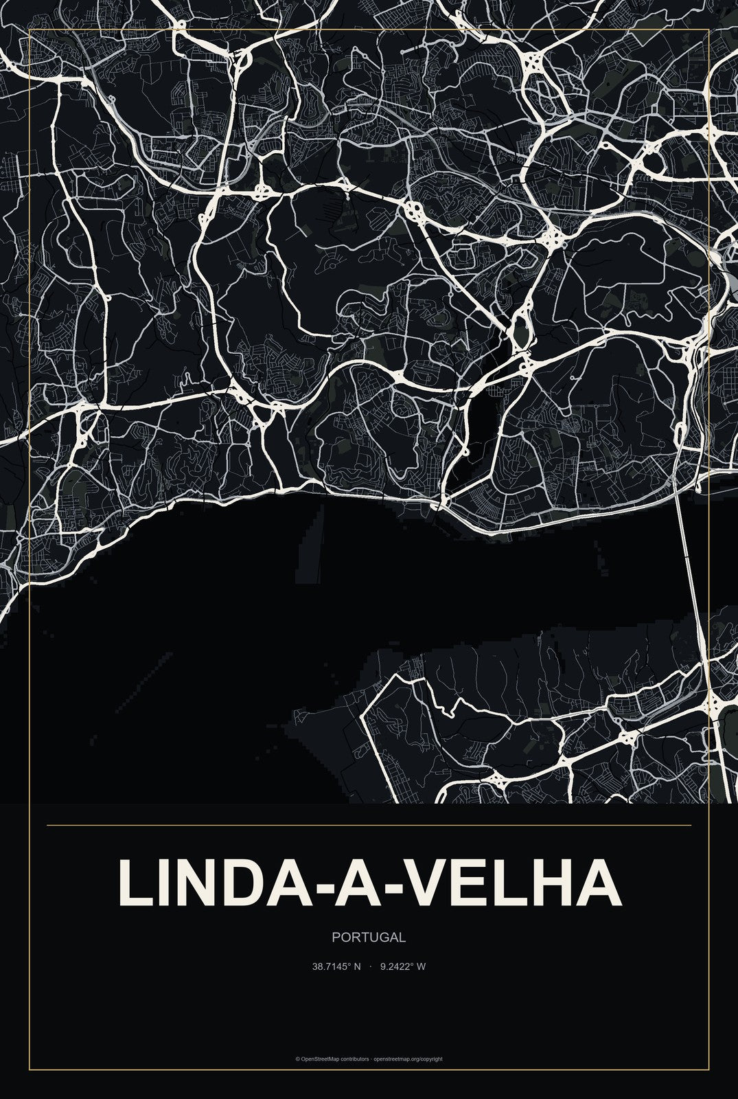 Linda-a-Velha, Portugal City Map Aluminum Sign in Metropolitan Noir style