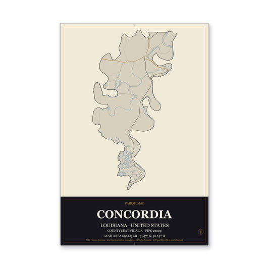Concordia Parish, Louisiana Map Aluminum Sign in Museum Plaque style