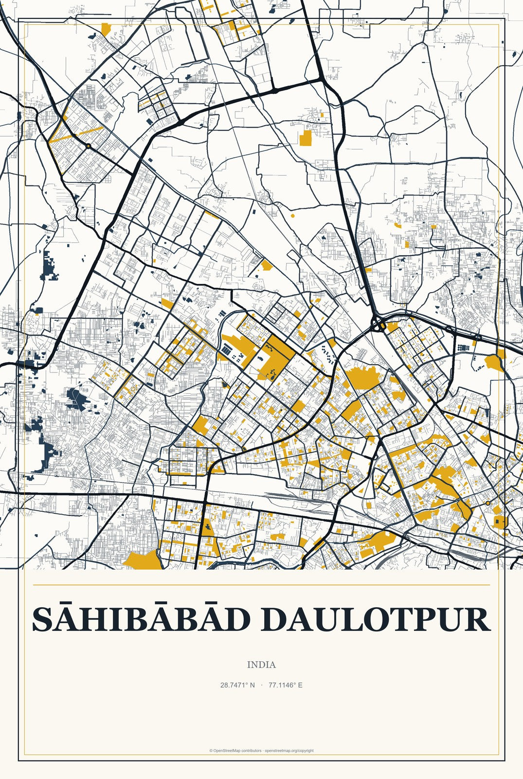 Sāhibābād Daulotpur, India City Map Aluminum Sign in Citrine Modern style