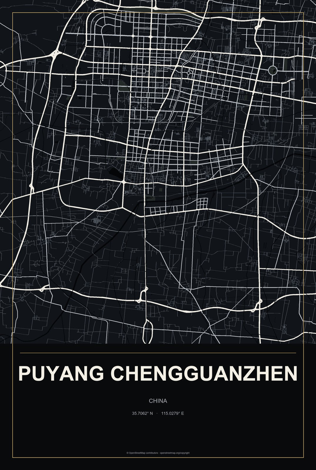 Puyang Chengguanzhen, China City Map Aluminum Sign in Metropolitan Noir style
