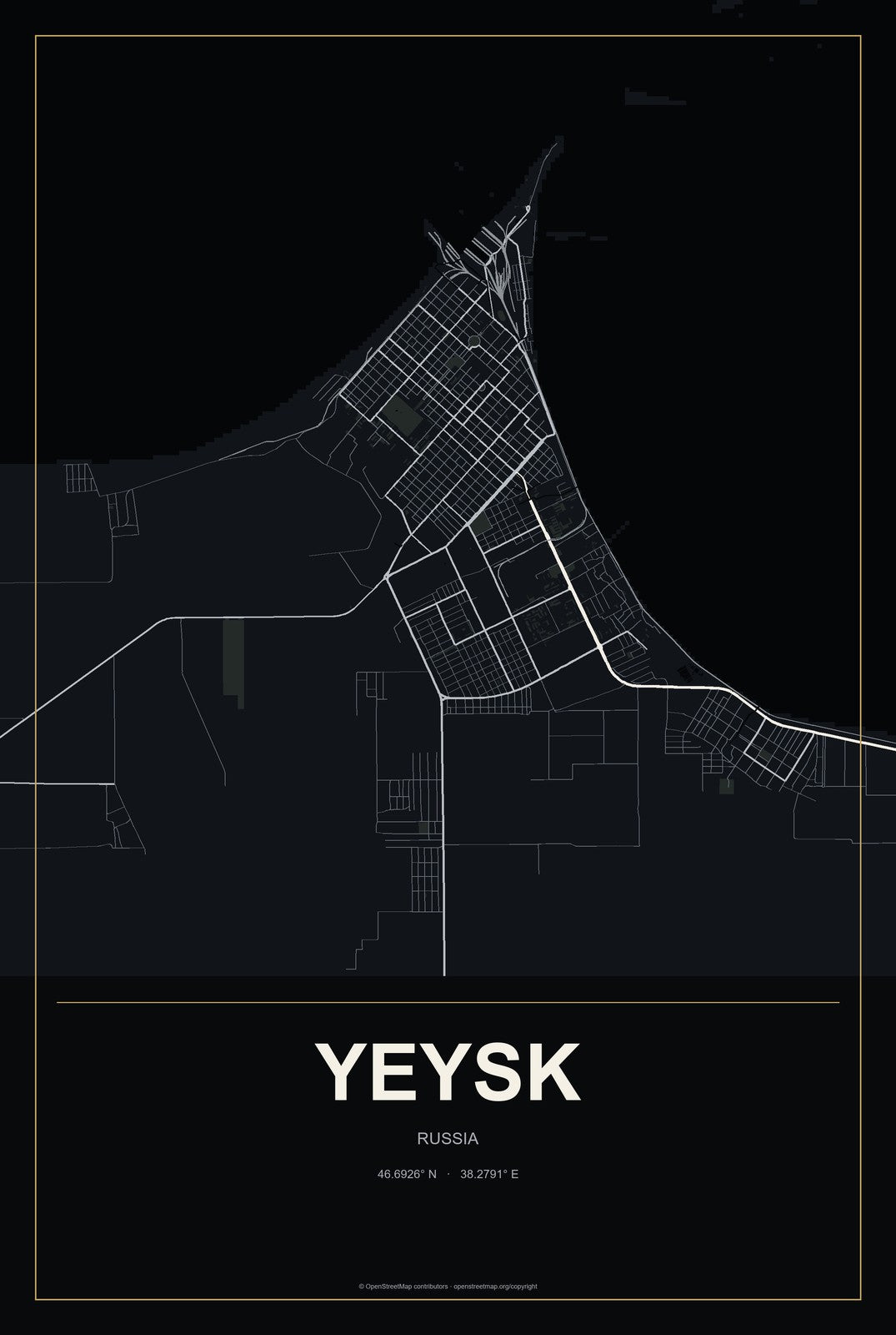 Yeysk, Russia City Map Aluminum Sign in Metropolitan Noir style