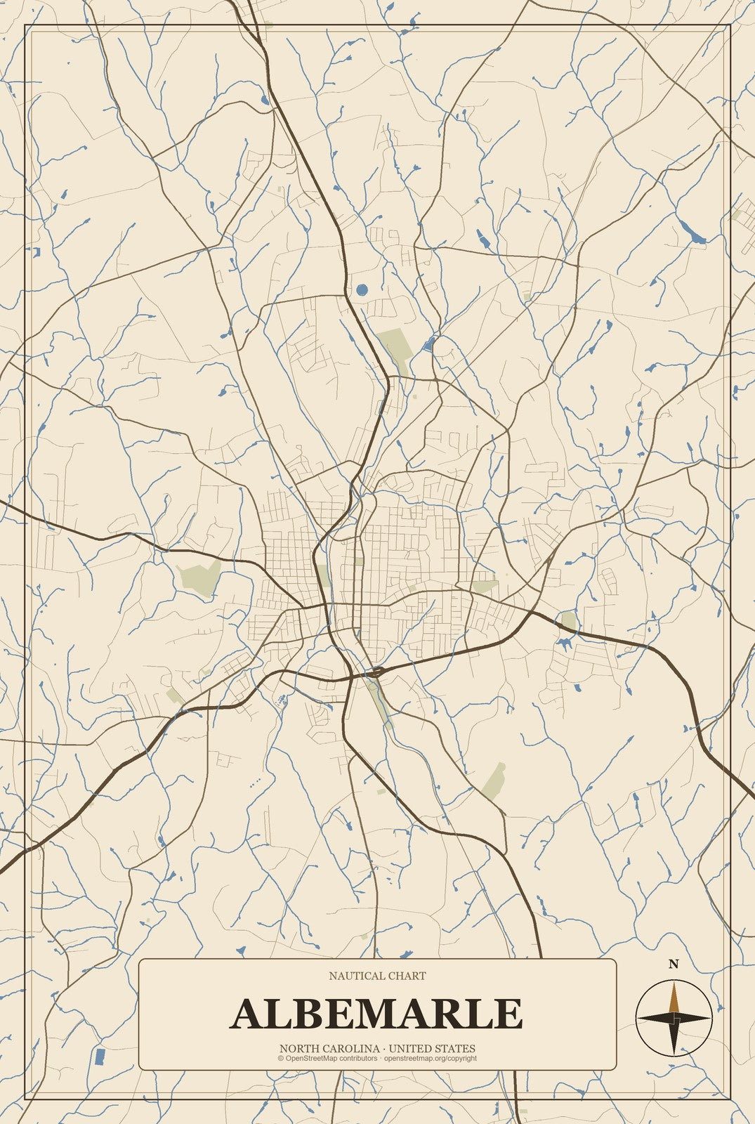 Albemarle, North Carolina City Map Aluminum Sign in Heritage Nautical style