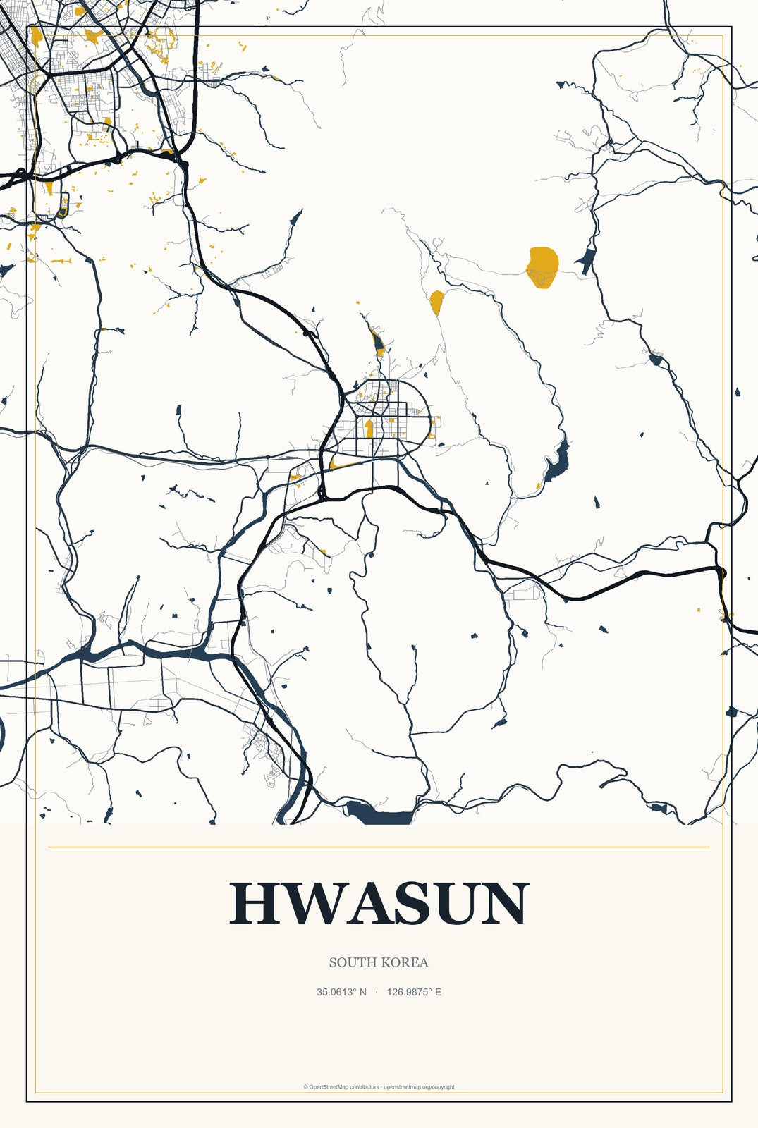 Hwasun, South Korea City Map Aluminum Sign in Citrine Modern style