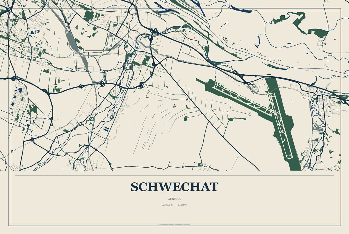 Schwechat, Austria City Map Aluminum Sign in Coastal Cutout style