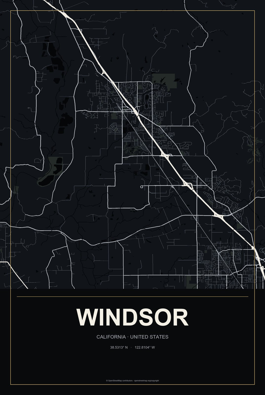 Windsor, California City Map Aluminum Sign in Metropolitan Noir style