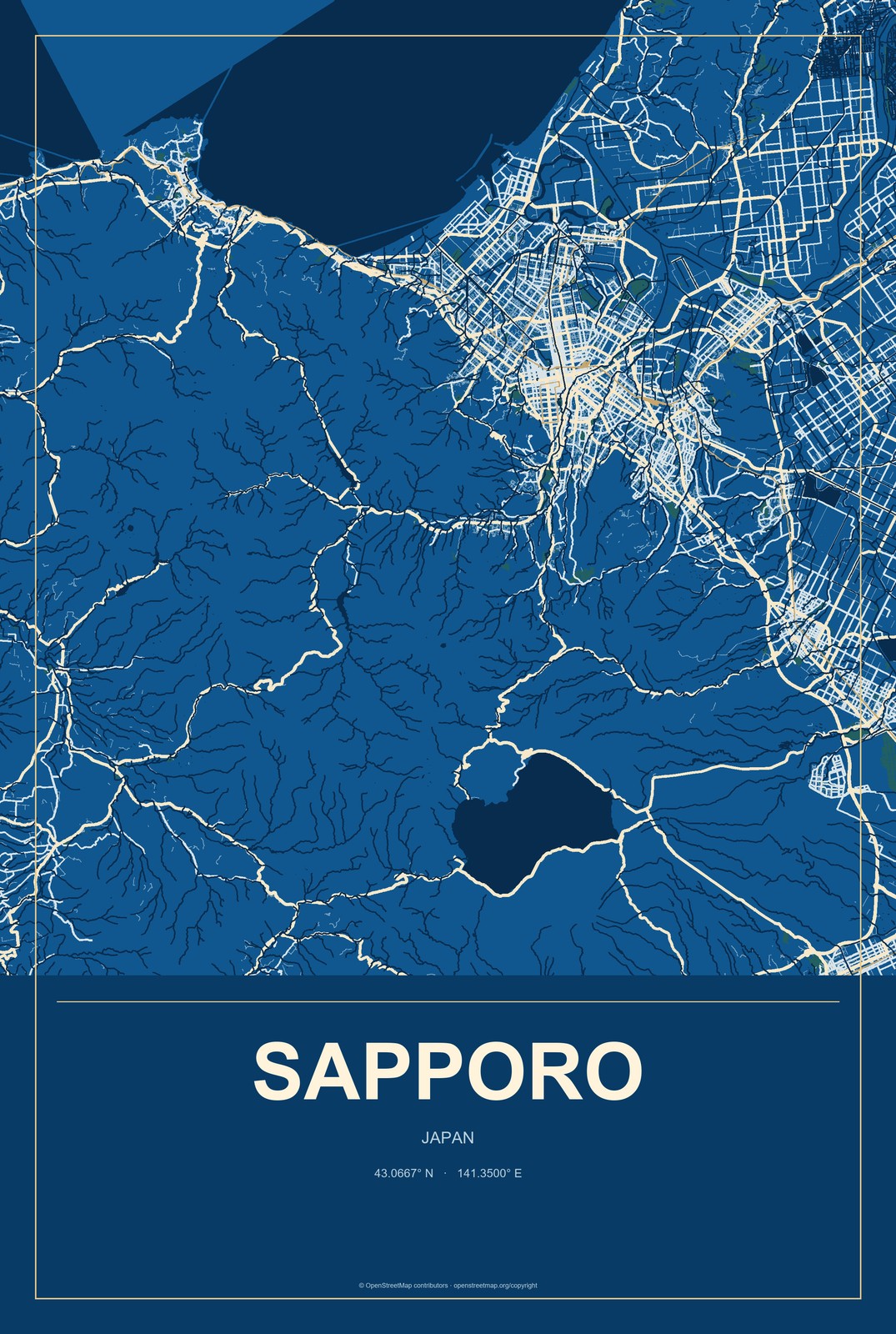 Sapporo, Japan City Map Aluminum Sign in Harbor Cobalt style