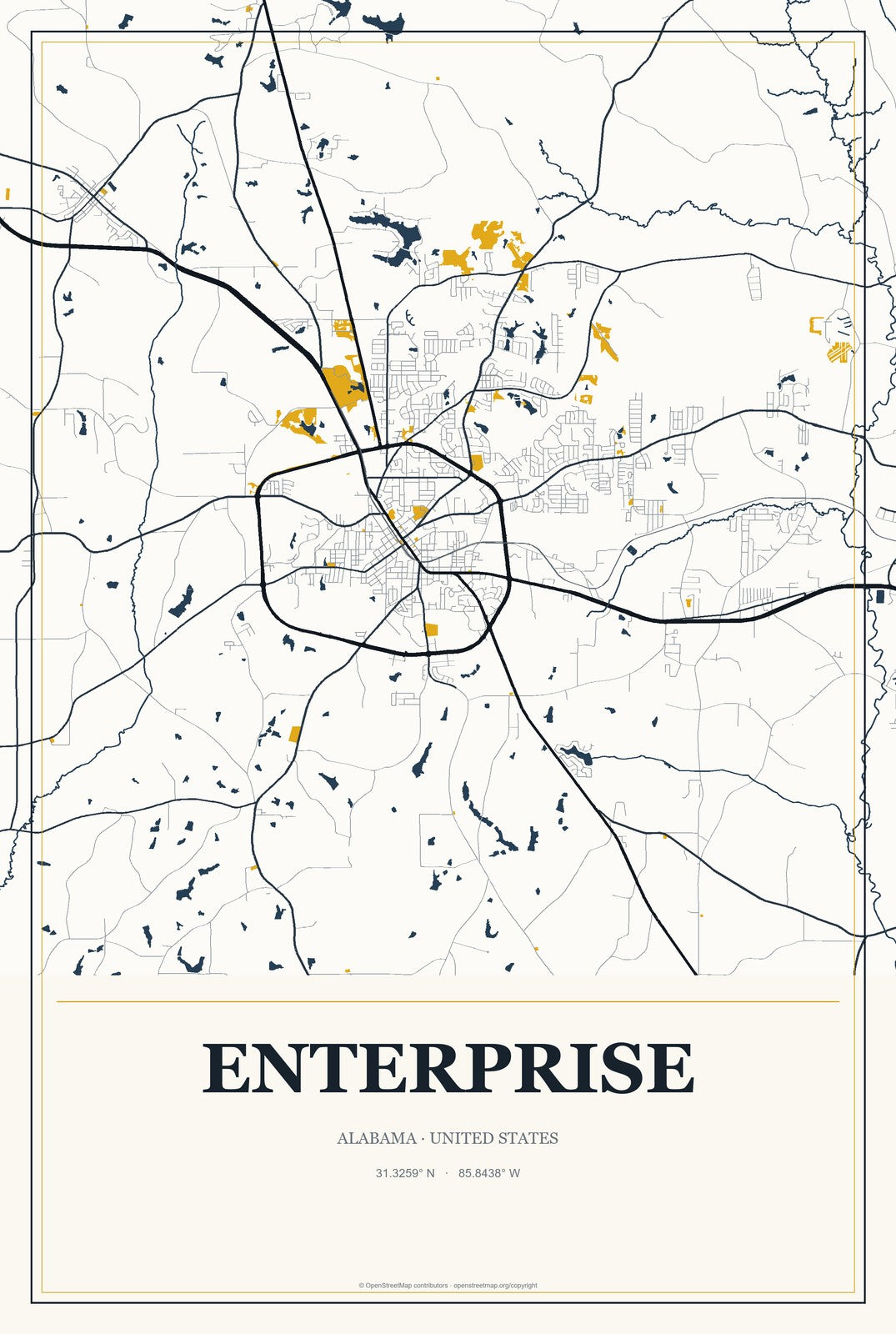 Enterprise, Alabama City Map Aluminum Sign in Citrine Modern style