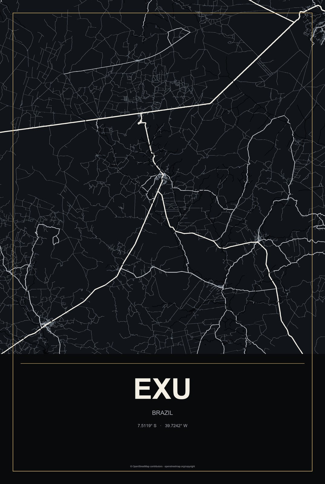 Exu, Brazil City Map Aluminum Sign in Metropolitan Noir style