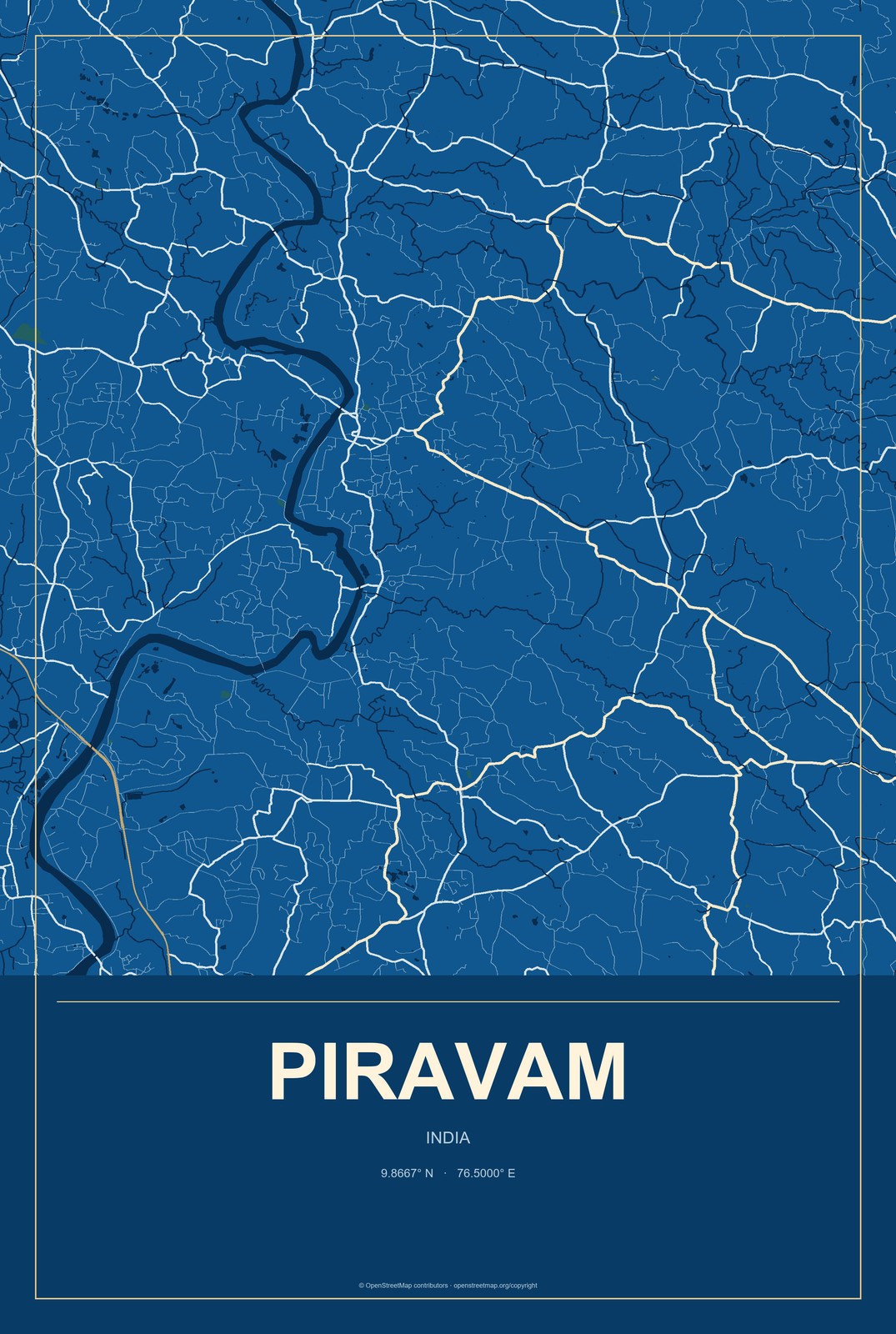 Piravam, India City Map Aluminum Sign in Harbor Cobalt style