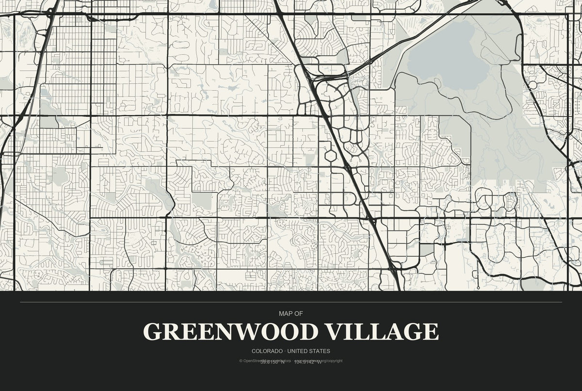 Greenwood Village, Colorado City Map Aluminum Sign in Museum Plaque style