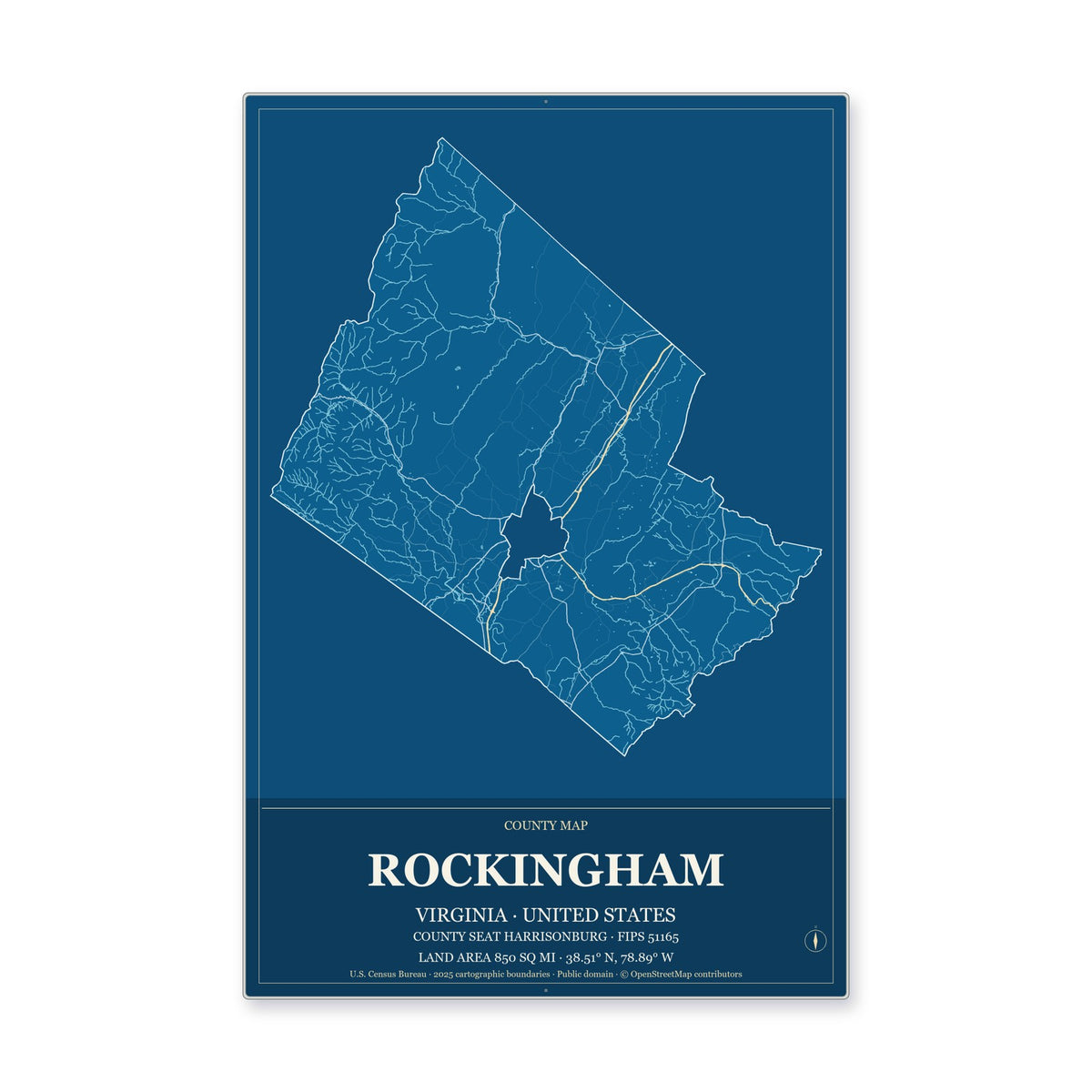 Rockingham County, Virginia Map Aluminum Sign in Harbor Cobalt style