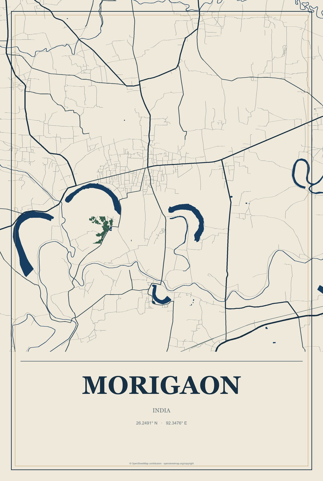 Morigaon, India City Map Aluminum Sign in Coastal Cutout style