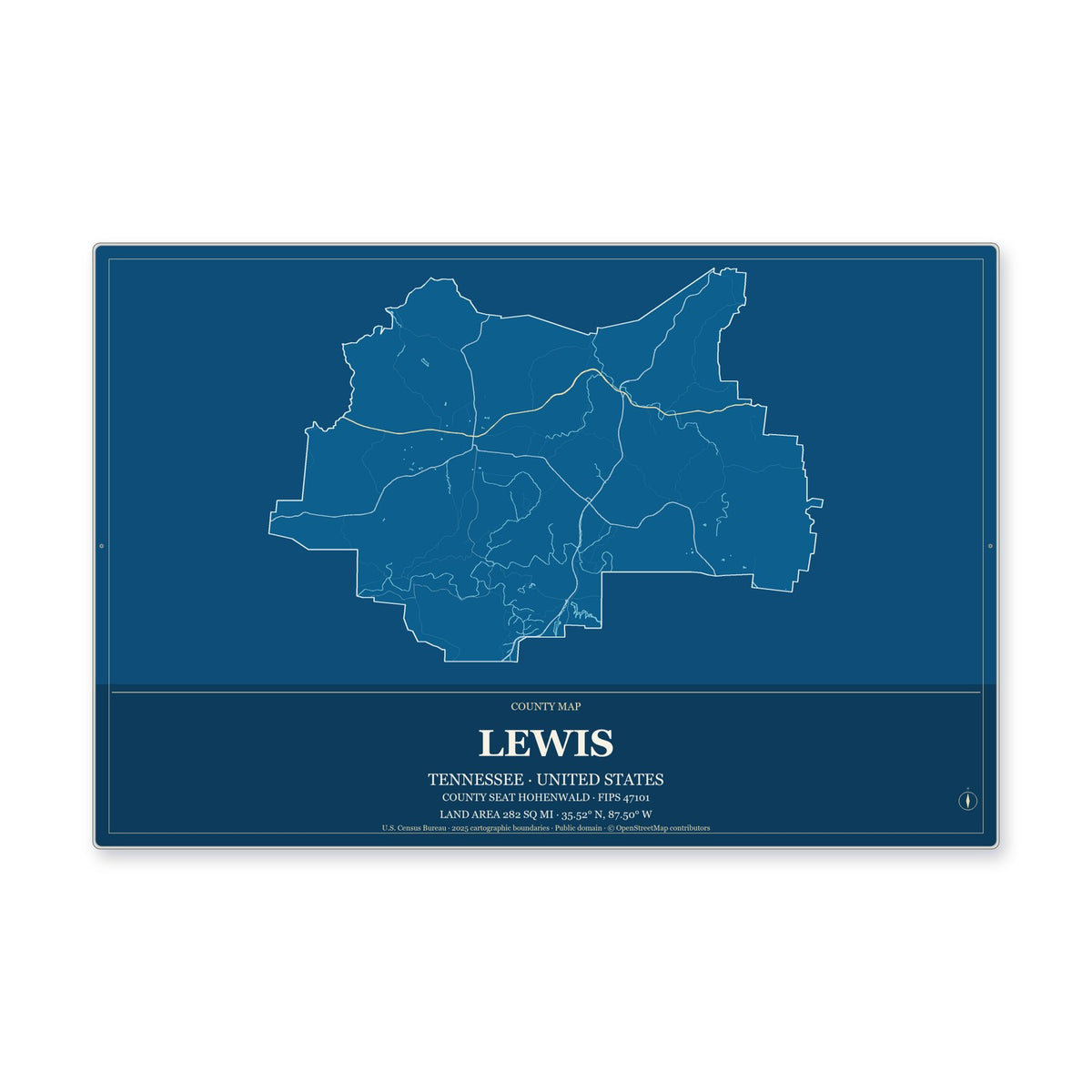 Lewis County, Tennessee Map Aluminum Sign in Harbor Cobalt style