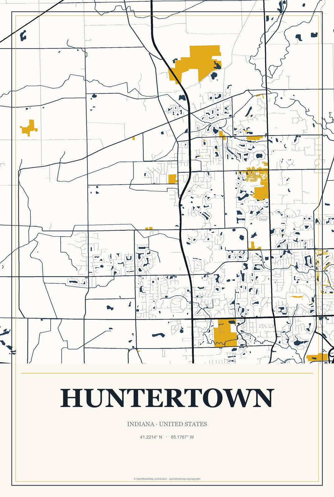 Huntertown, Indiana City Map Aluminum Sign in Citrine Modern style