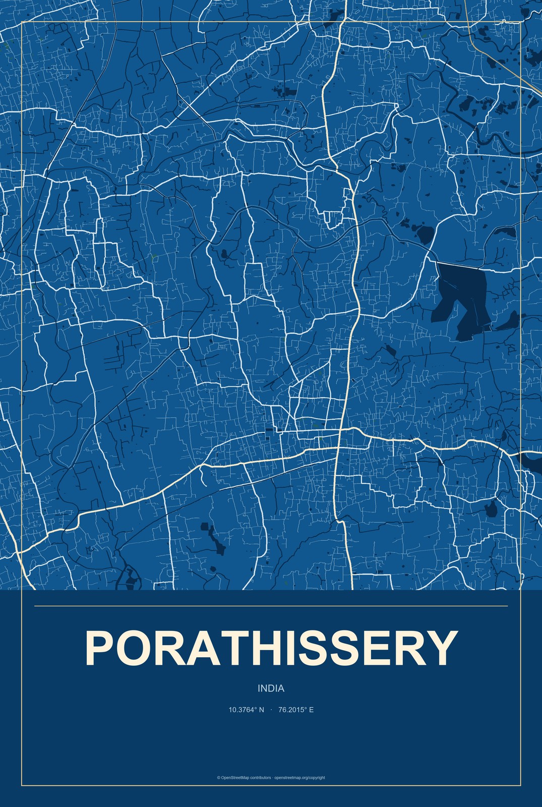 Porathissery, India City Map Aluminum Sign in Harbor Cobalt style