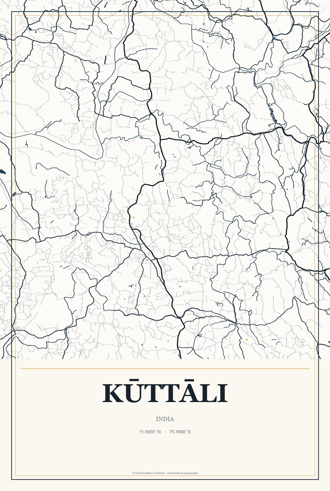 Kūttāli, India City Map Aluminum Sign in Citrine Modern style
