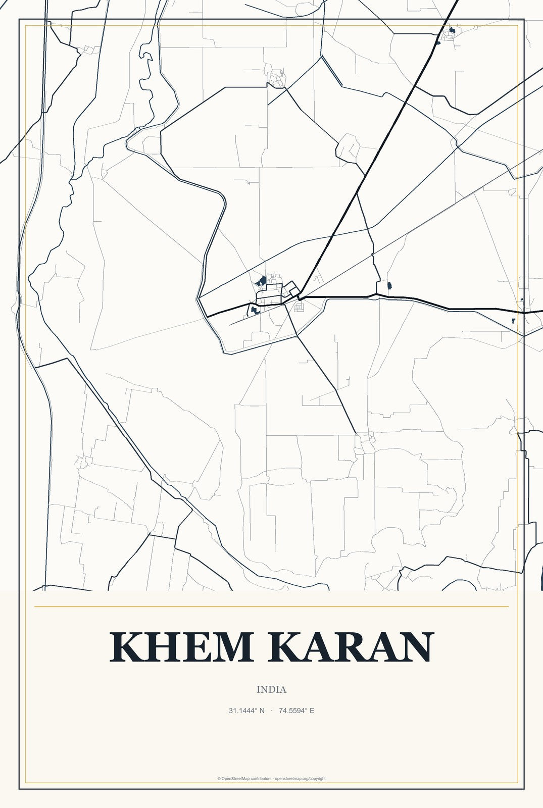 Khem Karan, India City Map Aluminum Sign in Citrine Modern style