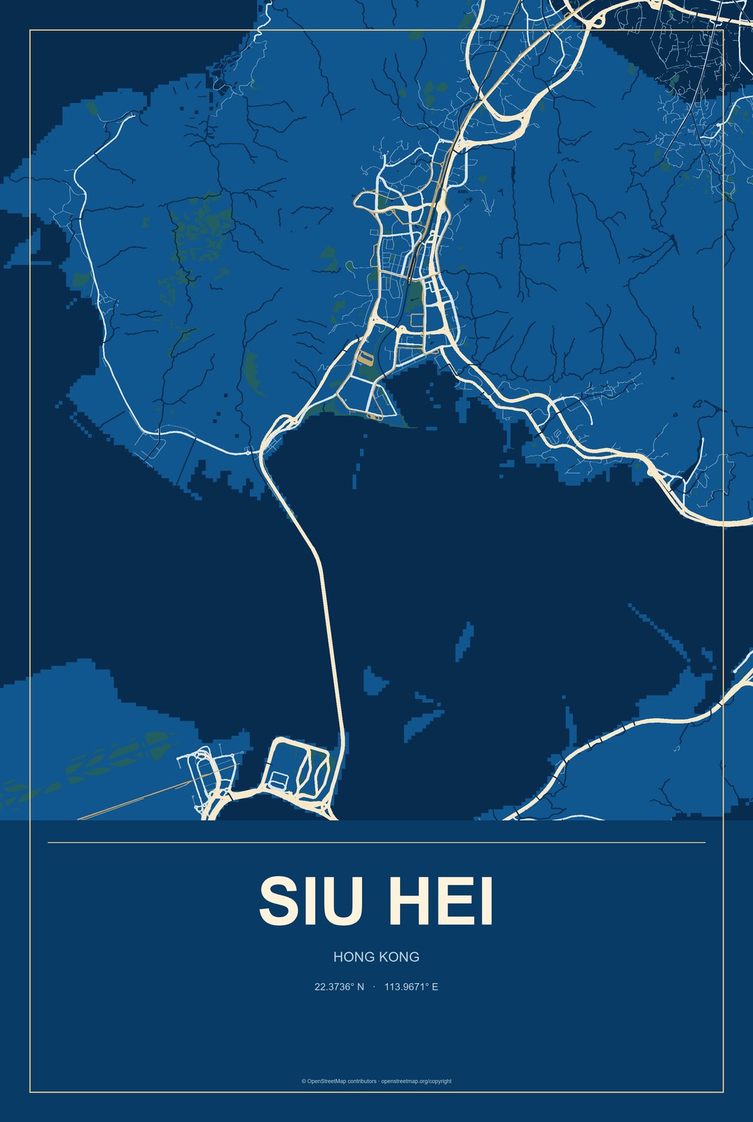 Siu Hei, Hong Kong City Map Aluminum Sign in Harbor Cobalt style